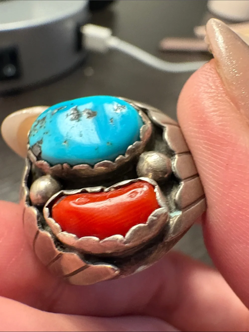 Vintage Navajo Sterling Silver Turquoise and Coral Shadowbox Ring Men’s 9.5-10.5